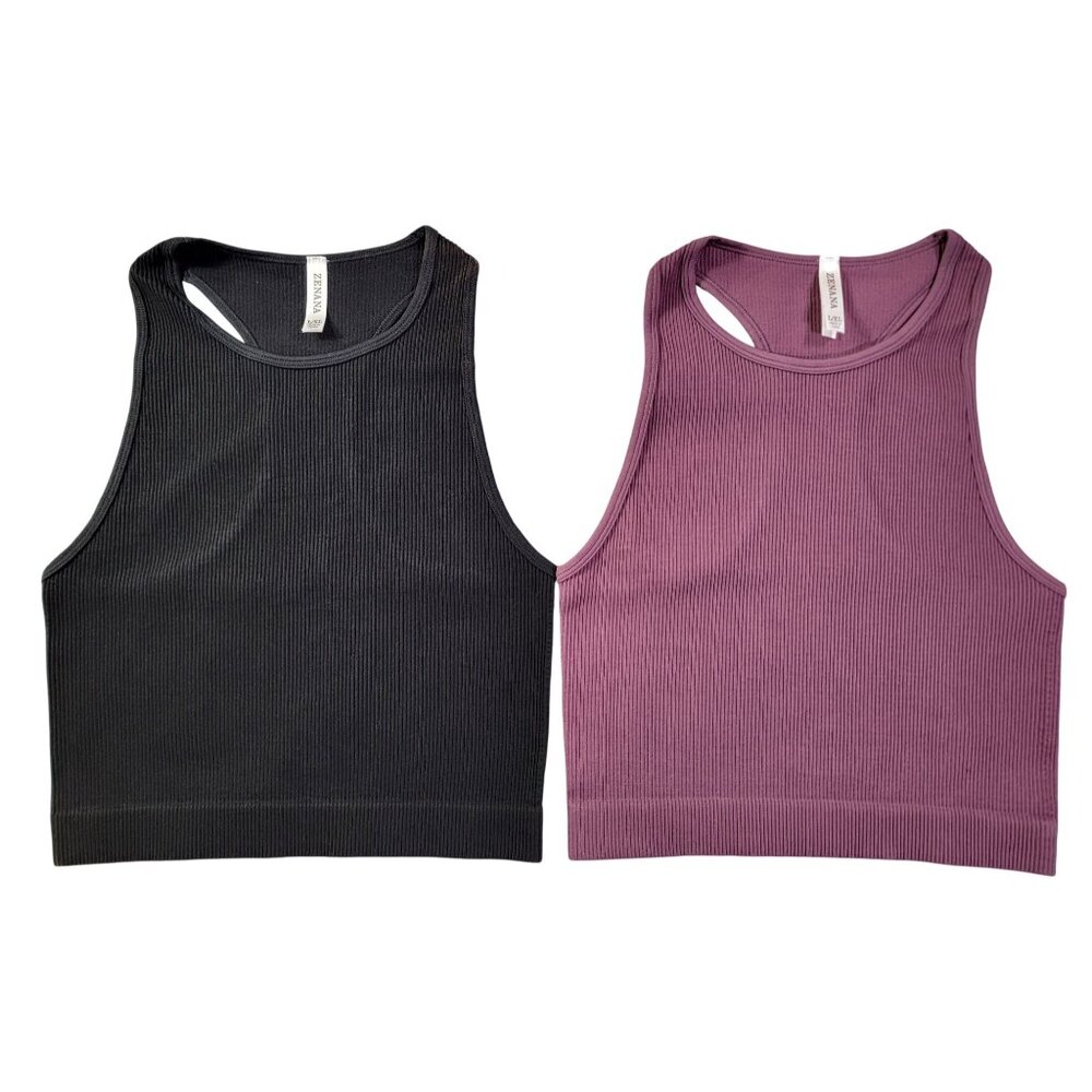 Zenana Womens Racerback Cropped Tank Tops L/XL Ribbed  2-Pack Black & Mauve New